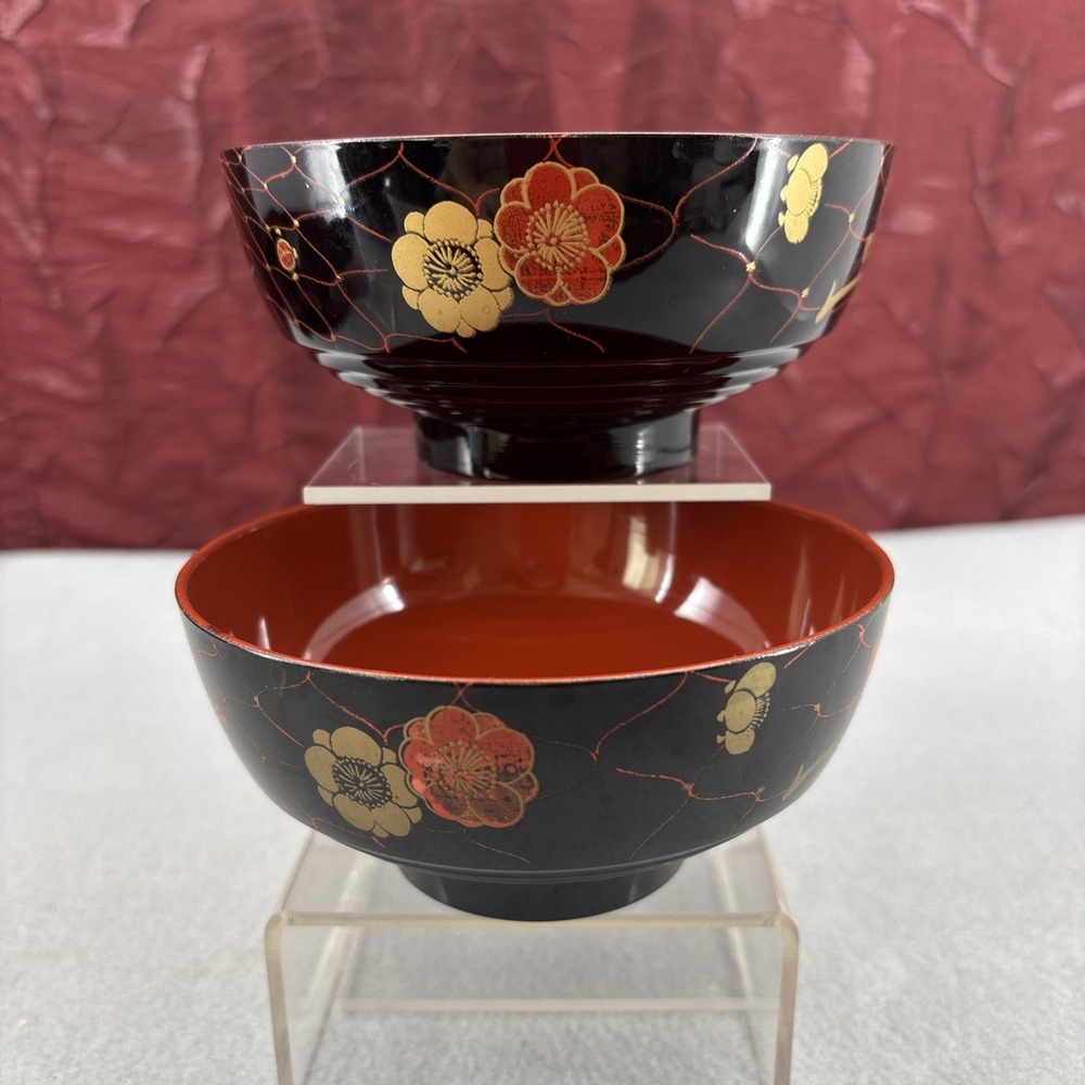 Japanese Lacquerware Bowls Soup Rice Noodles Red Black Gold Floral Miso Japan - Picture 15 of 16